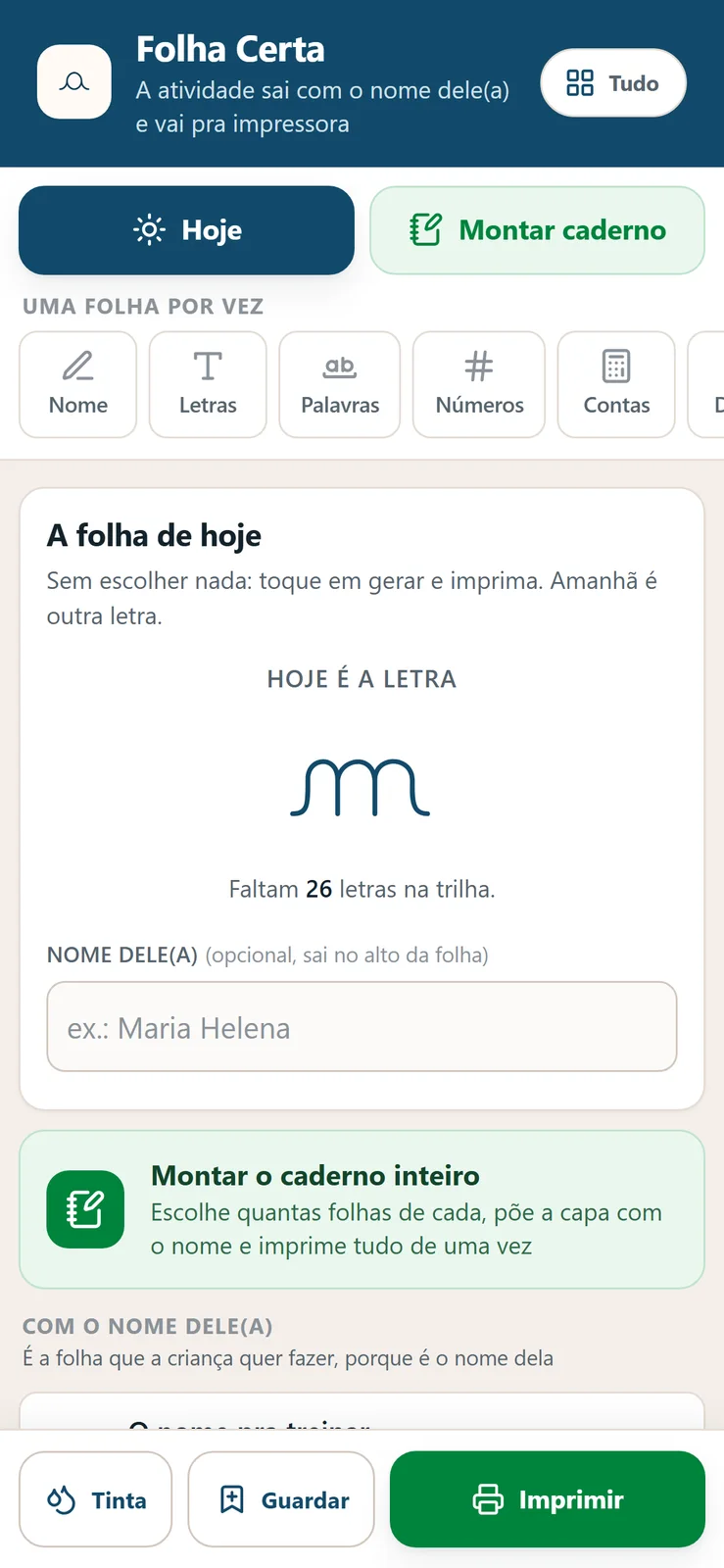 Tela do Folha Certa no celular, com o campo do nome da criança e o botão de imprimir